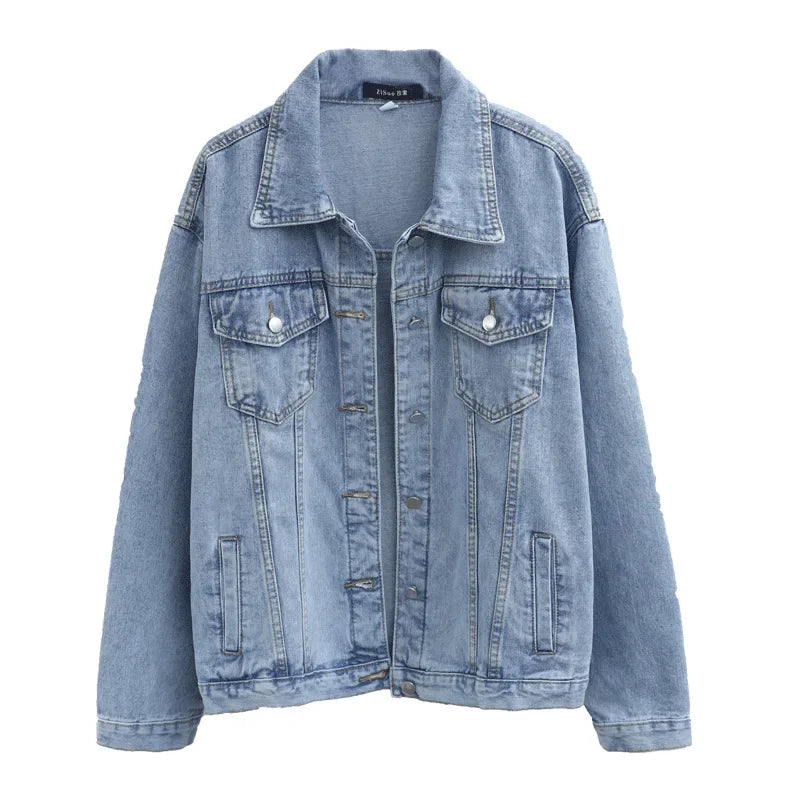 Vintage Women Jacket Oversize Denim Washed Blue Jeans Coat