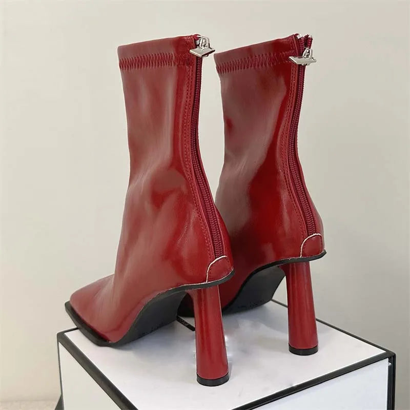 Soft PU Leather Ankle Boots Women Square Toe Stiletto Heels Fashion