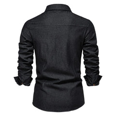 Denim Shirt Men Long Sleeve Solid Color Pocket Shirts for Men Casual