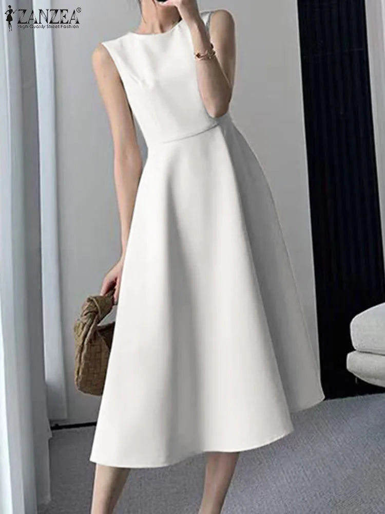 Women Sleeveless Pleated Dress A-line Tank Evening Dress
