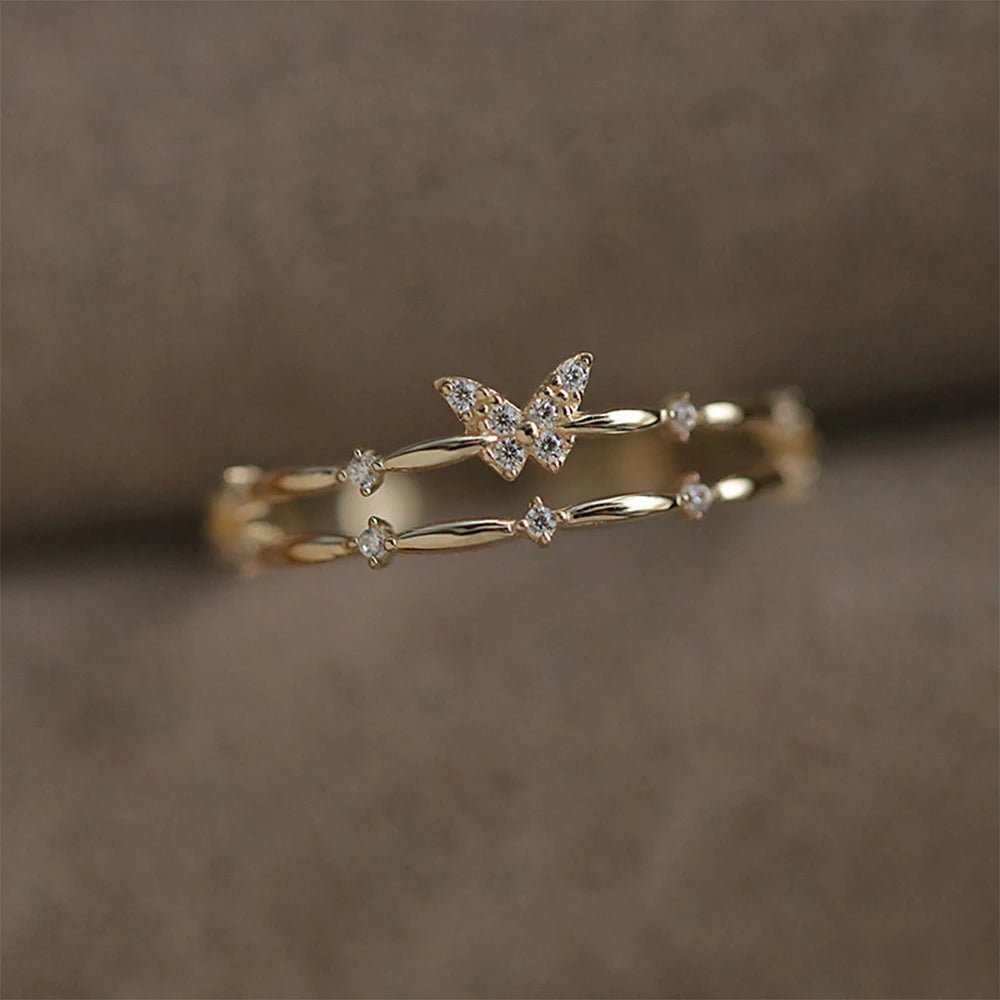 Silver Double layer Butterfly Crystal Rings