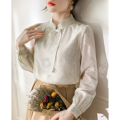 Shirts Blouses Stand Collar Chinese Style Long Sleeve Chiffon