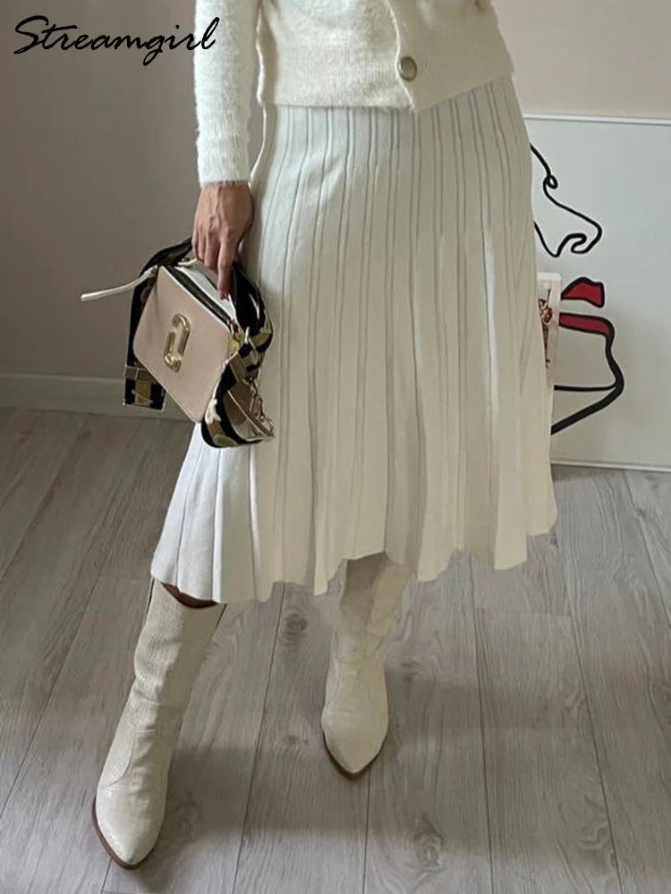 Women Pleated Knit Skirt Long Winter Elastic Waist White Maxi Skirts