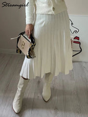 Women Pleated Knit Skirt Long Winter Elastic Waist White Maxi Skirts