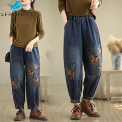 Patchwork Jeans Elastic Waist Loose Casual Retro Ankle Length Trouser