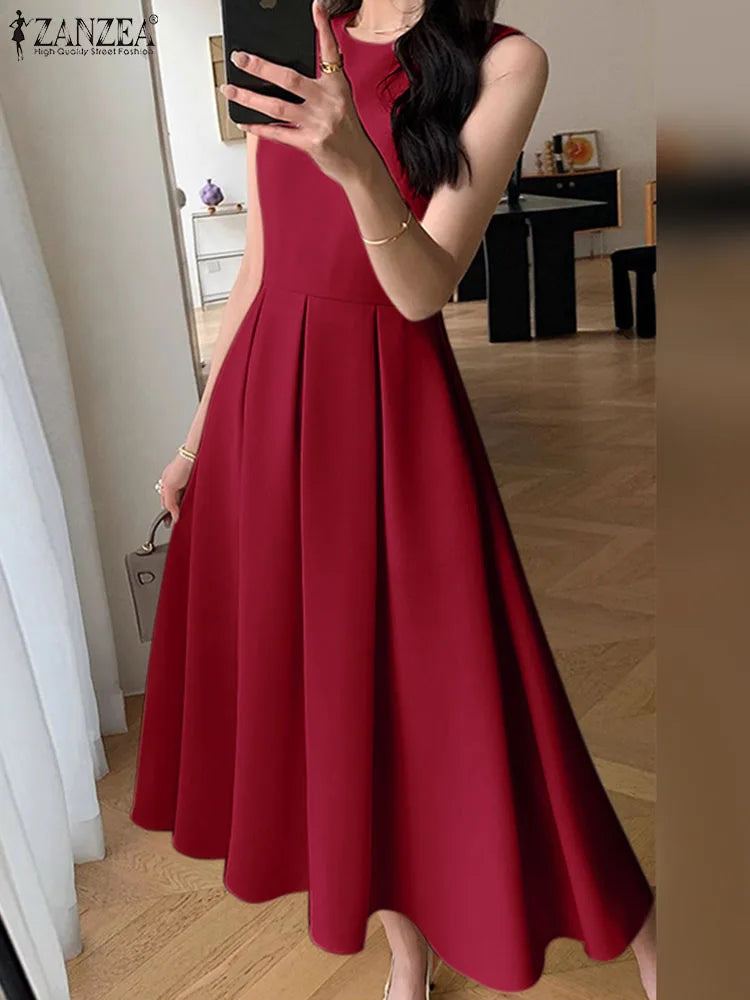 Women Sleeveless Pleated Dress A-line Tank Evening Dress