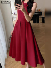 Women Sleeveless Pleated Dress A-line Tank Evening Dress