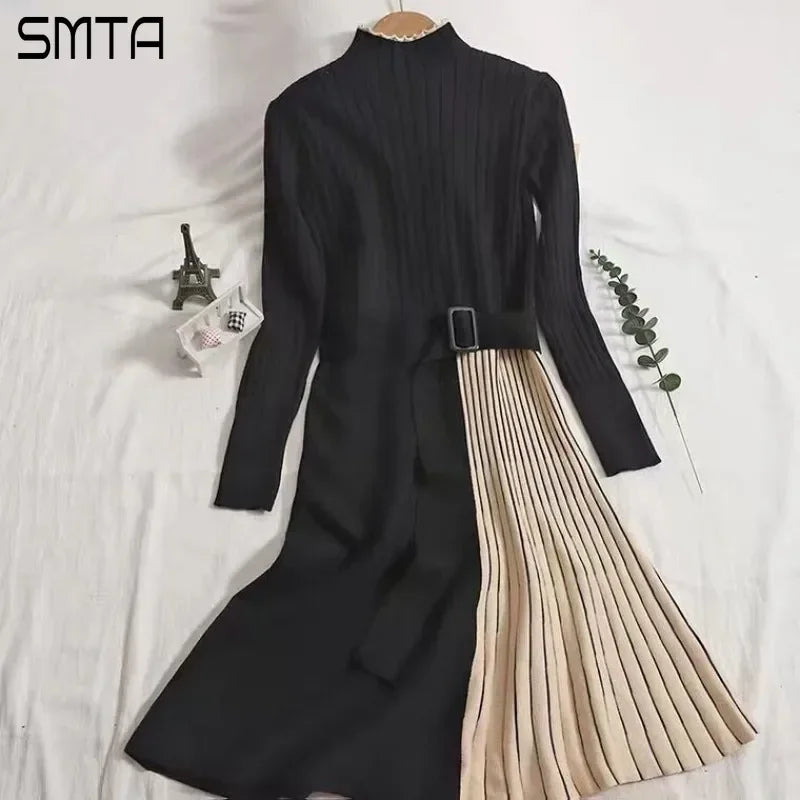 Vintage Elastic Knitted Sweater Midi Dresses Fashion Office Style