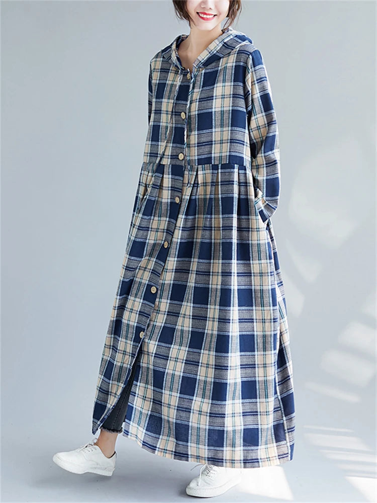 Casual Hooded Trench Coat Long Sleeve Single Breasted Plaid Cotton Office Lady Dress