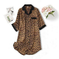 Casual Loose Leopard Nightdress Women Satin Sleepwear