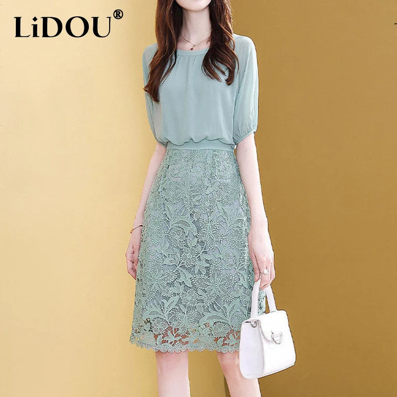 Fashion Lace Chiffon Patchwork Dresses Office Lady Short Sleeve Simple