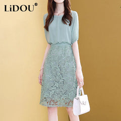 Fashion Lace Chiffon Patchwork Dresses Office Lady Short Sleeve Simple