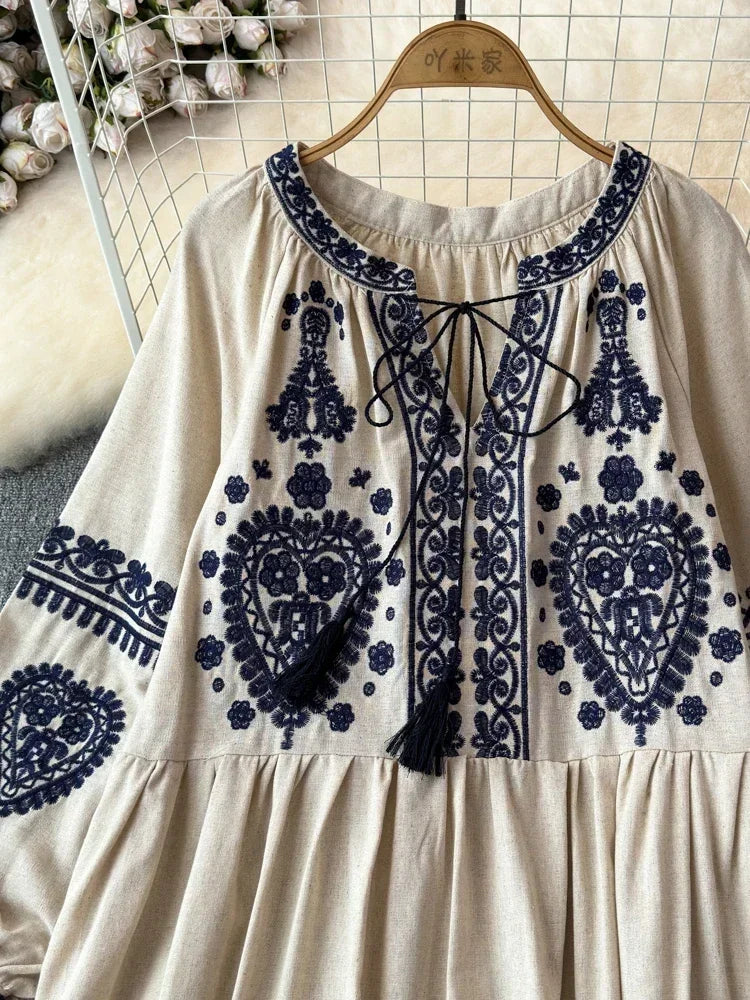 Bohemian Retro Ethnic Style Blend Embroidered Long Sleeves Mini Dress