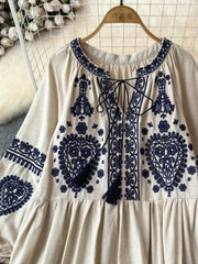 Bohemian Retro Ethnic Style Blend Embroidered Long Sleeves Mini Dress