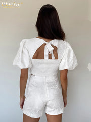 Fashion Loose White 2 Piece Sets Woman Outfit Short Sleeve Crop Top