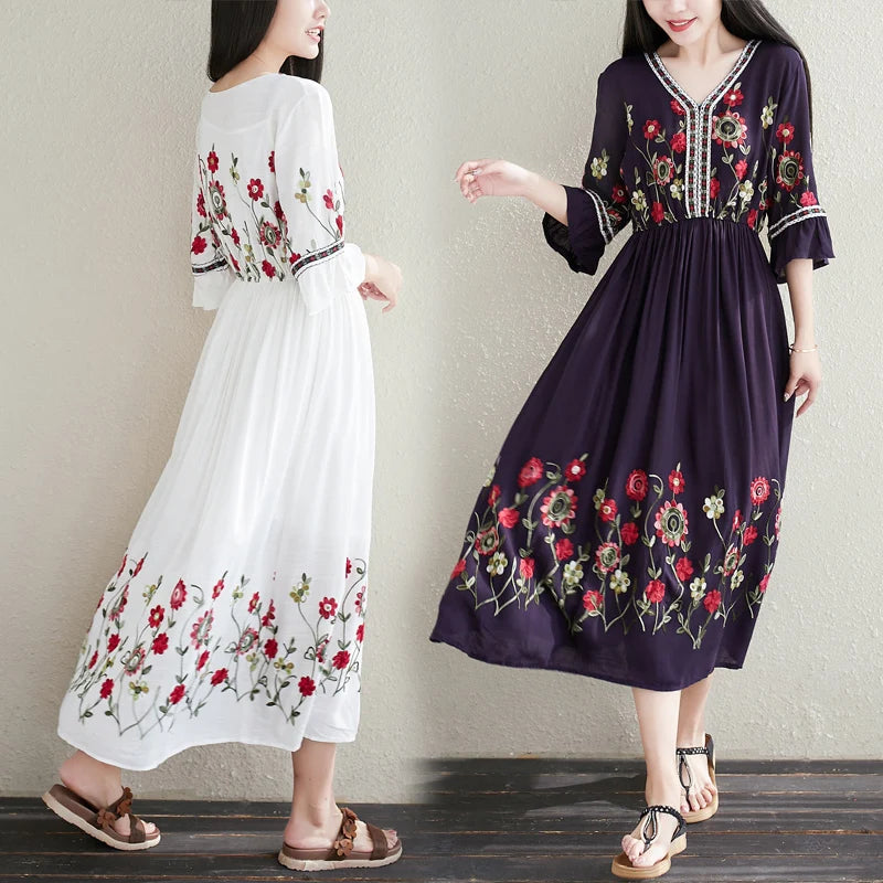 Women Retro Flare Sleeve Beach Embroidery Tunic Dress