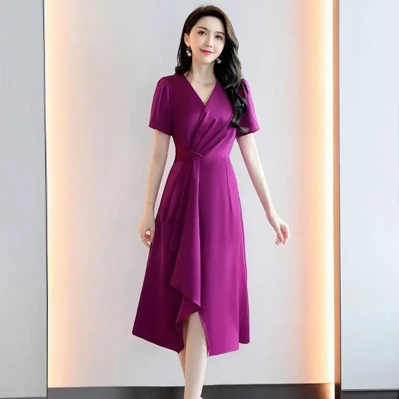 Summer V-neck Elegant Fashion Folds Waist Dress Lady Short Sleeve