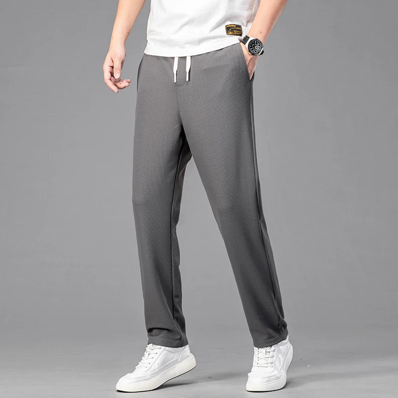 Straight Classic Waffle Elastic Waist Thin Casual Trousers