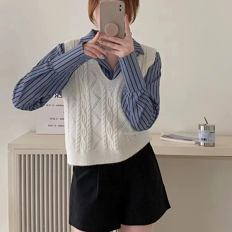 Women V-neck Sweater Vest Solid Sleeveless Preppy Style