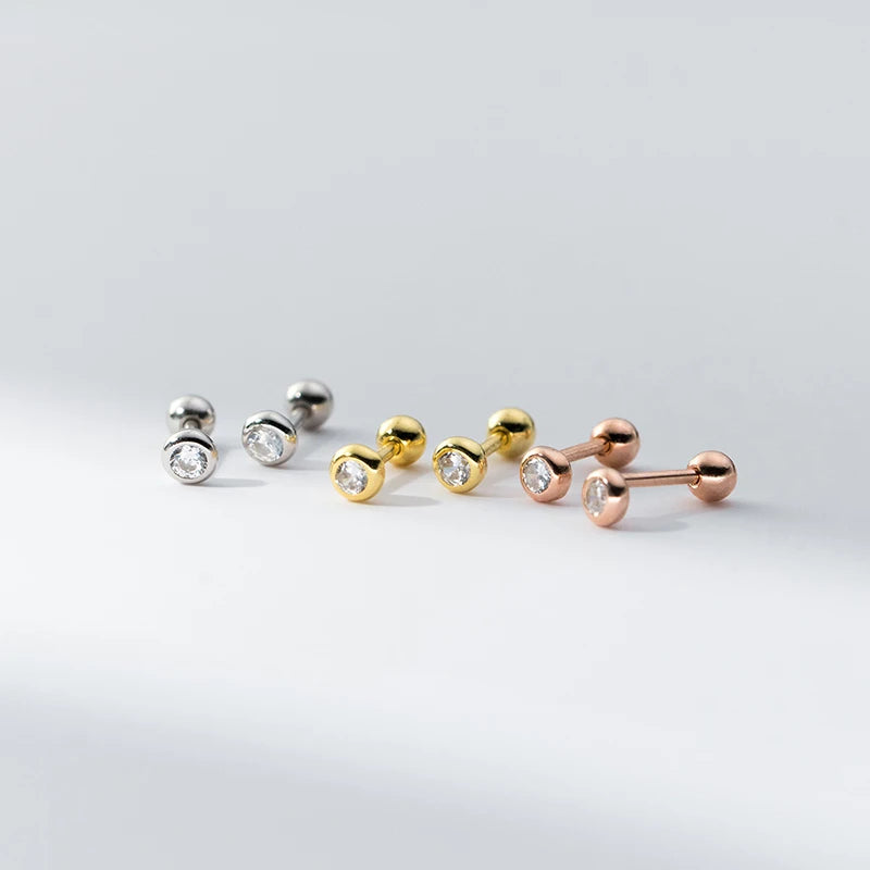 Simple Round Zircon Screw Beads Small Stud Earrings