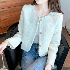 Fashion Tweed Cropped Jackets  Round Neck Chic Coat