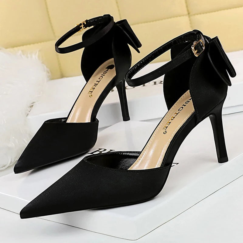 Bow-knot Kitten Heels Pumps Satin Stiletto Party Shoes