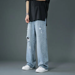 Men's Ripped Wide Leg Jeans Trend Straight Baggy Denim Vintage Trousers