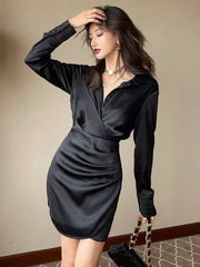 Black V-neck Dress Style Slim Patchwork Long Sleeve Party Office