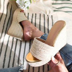 Fashion Open Toe Platform Slippers Straw Rope Weaving Thick Bottom Wedges