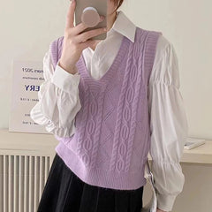 Women V-neck Sweater Vest Solid Sleeveless Preppy Style