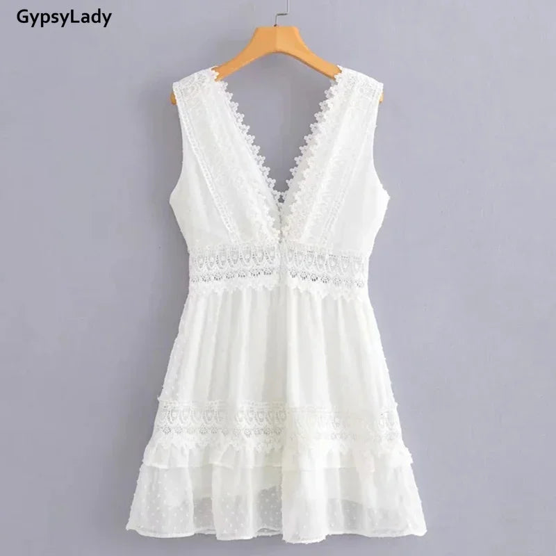 White Lace Summer Mini Dress V-neck Backless Women Sleeveless Ruffles