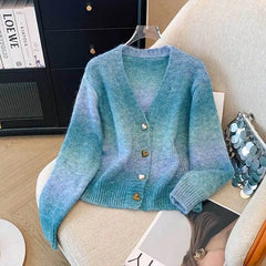 V Neck Short Cardigan Long Sleeve Gradient Sweater Coat