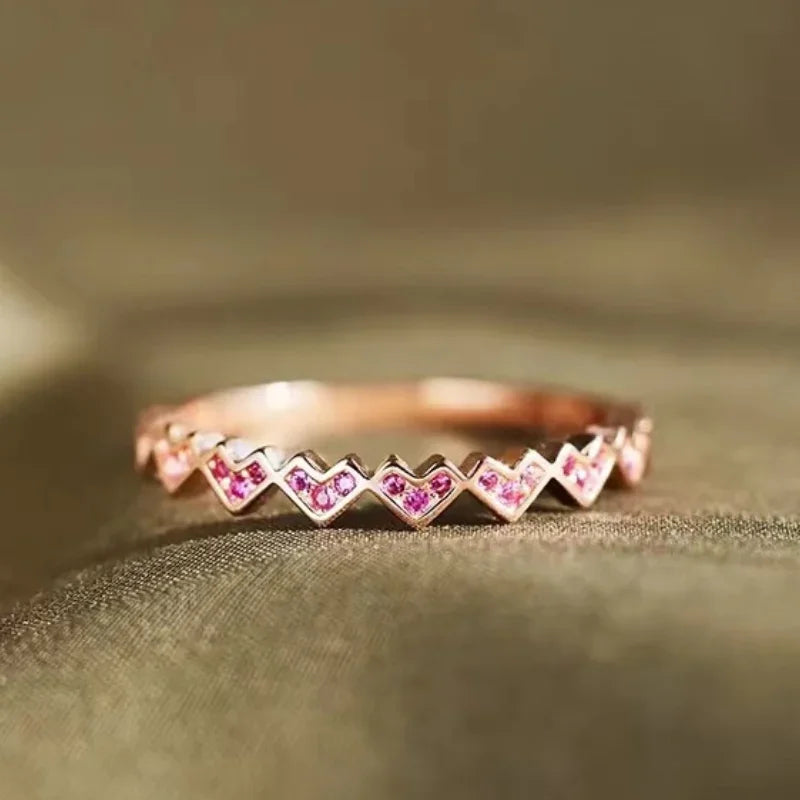 Sweet Pink Cubic Zironia Heart Rings Accessories Trendy Jewelry
