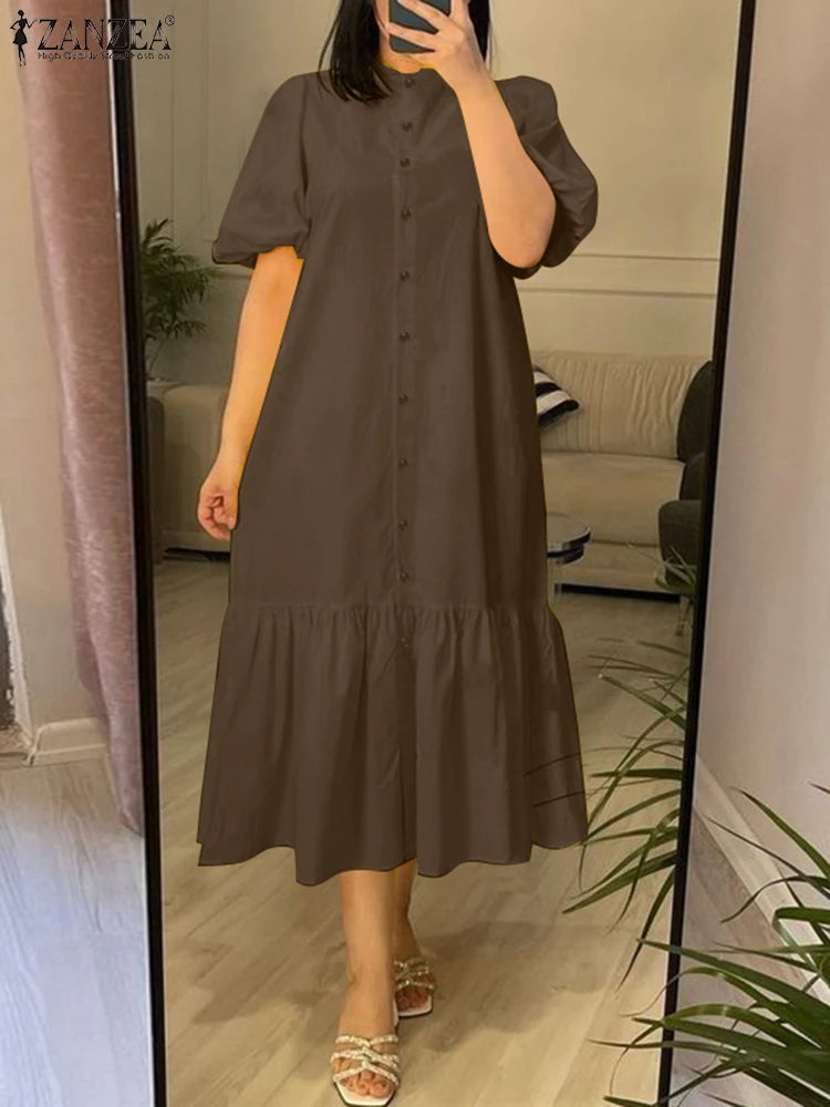 Elegant O Neck Puff Sleeve Sundress Stylish Women Shirt Dres