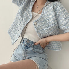 Women Chic Elegant Tweed Cardigan Short Coat