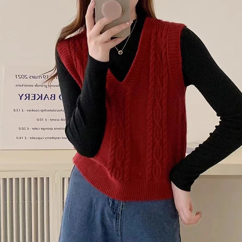 Women V-neck Sweater Vest Solid Sleeveless Preppy Style