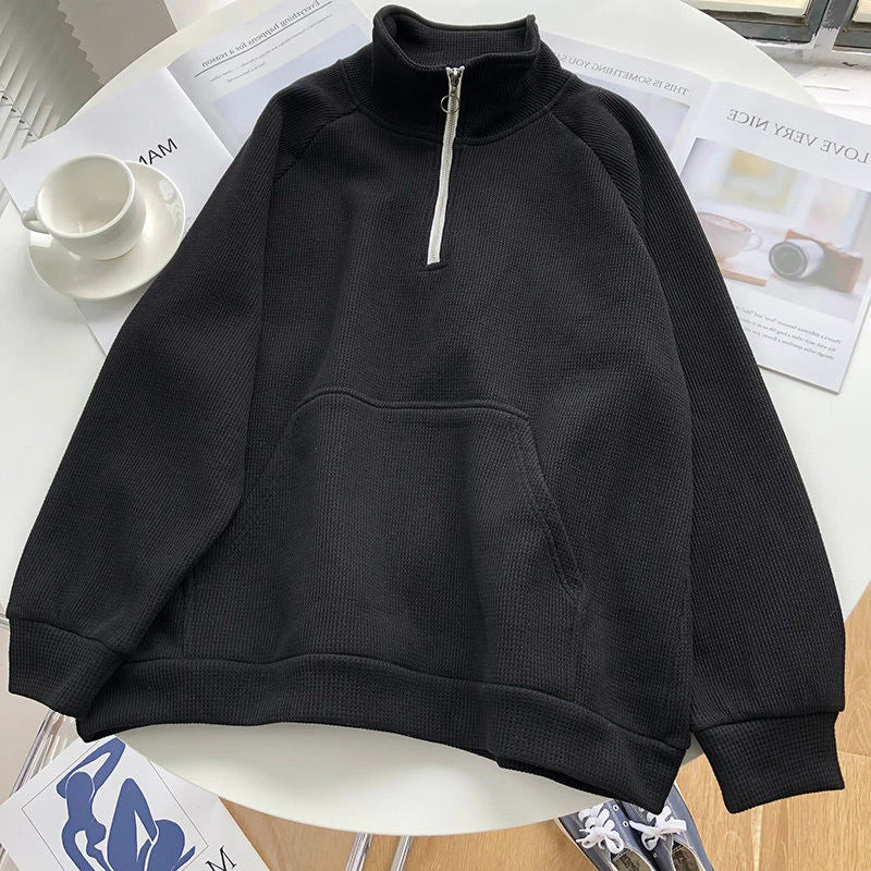 Thicken Zipper Stand Collar Hoodie Women Casual Long Sleeve Pullover Top