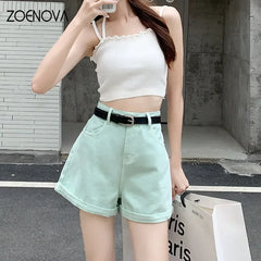 Style High Waist Denim Rolled Edge In Candy Colors All Match Shorts