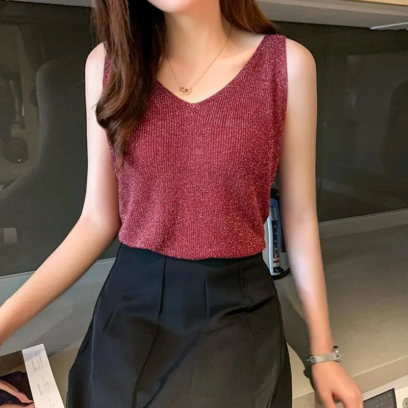 V-neck Solid Color Sequins Knitting Tank Top
