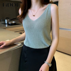 V-neck Solid Color Sequins Knitting Tank Top