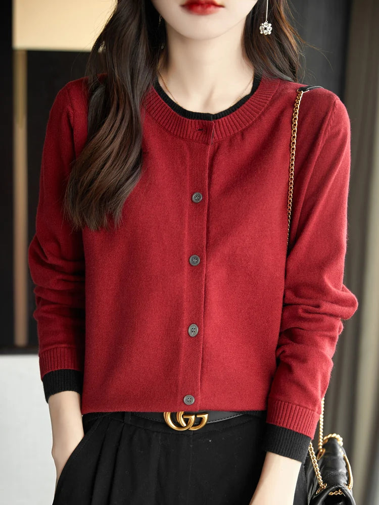 Knitted Cardigan Sweater Clothing O-neck Patchwork Long Sleeve Tops