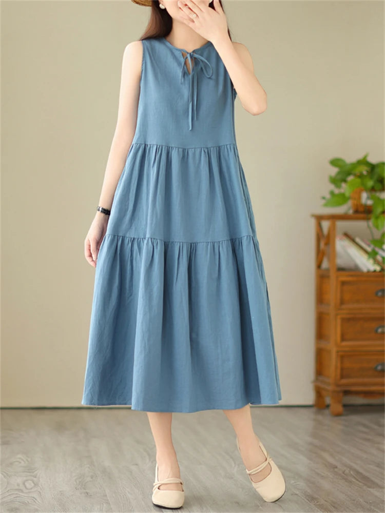 Sleeveless Solid Color Vintage Casual Long Fashion Dress