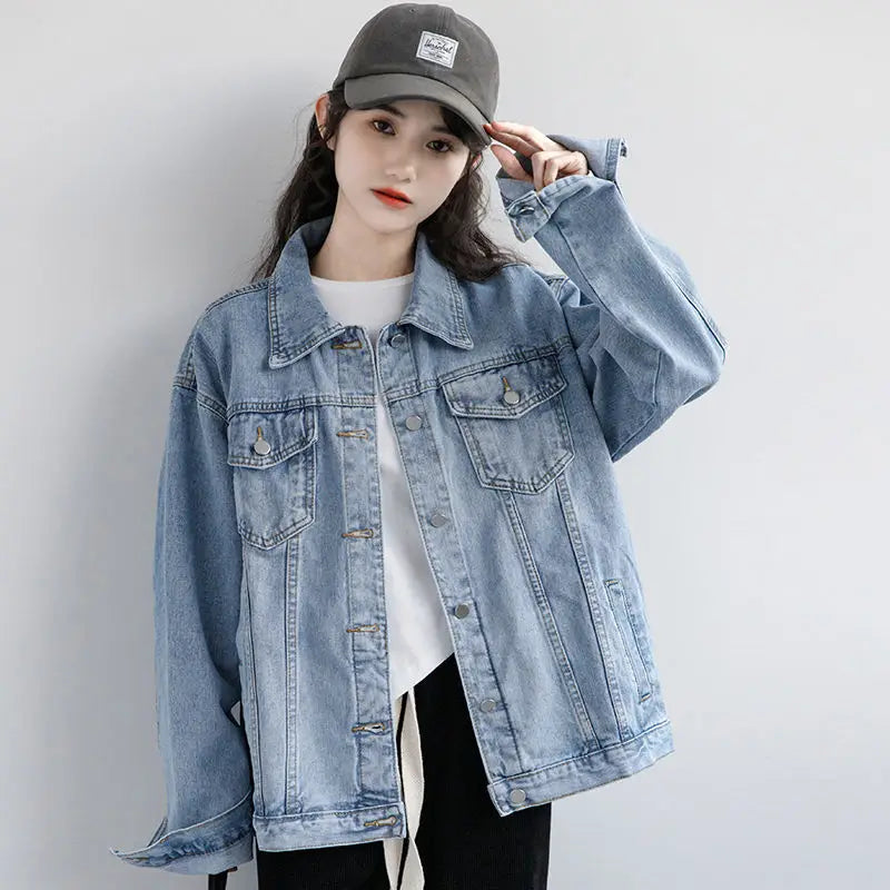 Vintage Women Jacket Oversize Denim Washed Blue Jeans Coat