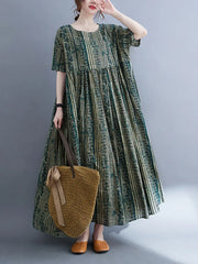 Oversized Vintage Cotton Linen Striped Dresses Casual Fashion