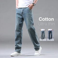 Cotton Loose Straight Jeans for Men Business Casual Stretch Denim Pants