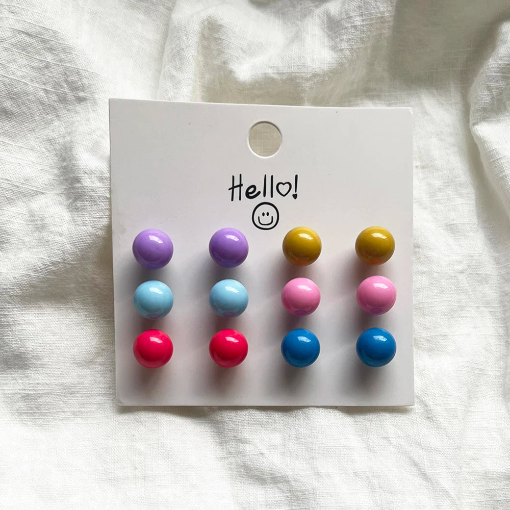 6Pair/set Colorful Candy Color Bead Stud Earring Set