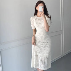 Casual Chic Slim Out Dresses O Neck Short Sleeve Wrap Hip Knitted Dress