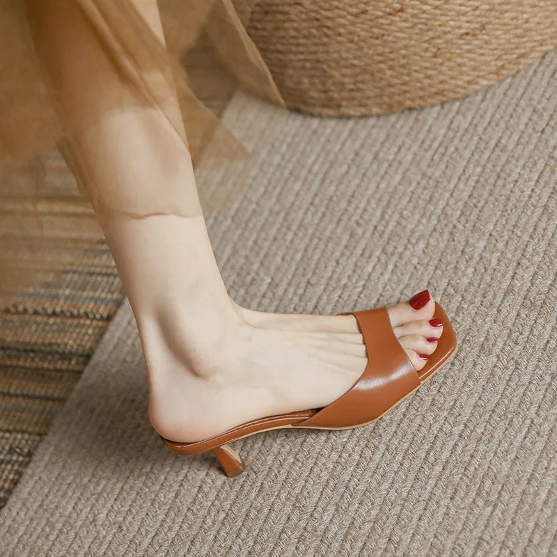 Square Toe High Heel Slippers Summer Pumps Thin Heel Sandals