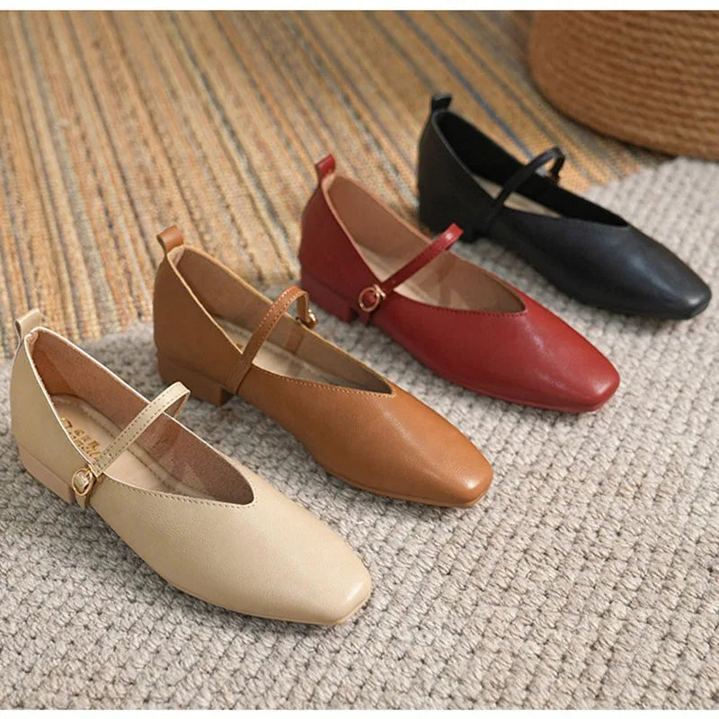 Casual Square Toe Low Soft Soled Shoes Flats Retro Style