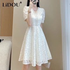 Fashion V-neck Elegant Beading Waist A-line Lace Dress